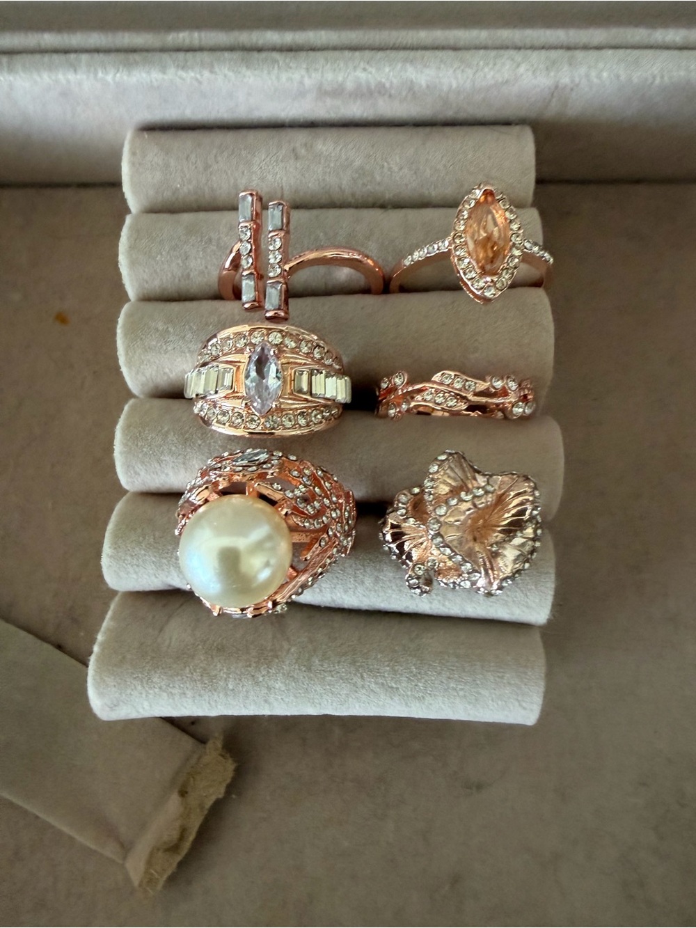 Rose Gold Statement Ring Lot (6) + Bangle Bracelet - Costume Jewelry